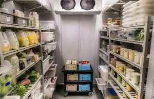 A walk in freezer filled with binned food.